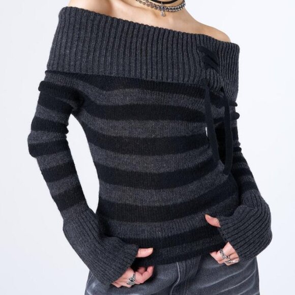 Minga London Cinder Striped Off Shoulder Knit Sweater - Picture 1 of 4